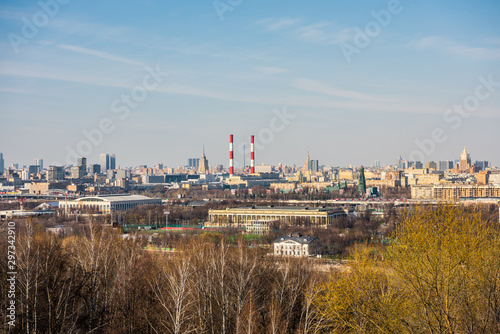 View of downtown of Moscow and bank of Moskva River , view from the at the Sparrow Hills, formerly called Lenin Hills in Moscow, Russia.