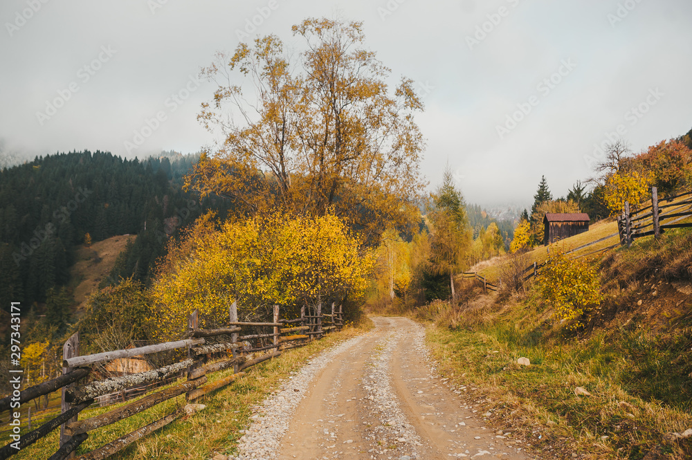 Beautiful autumn scenery in the mountains with wooden fence and dirt road. Carpathian Mountains.