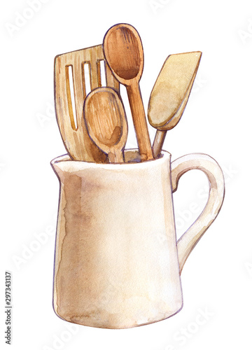 Utensil kitchen wooden spoons spatulas milk jug cooking Still-life watercolor isolated illustration