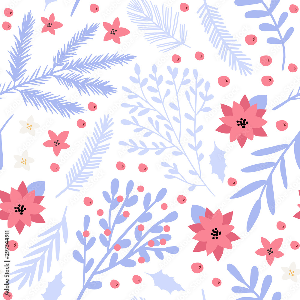 Christmas and happy year seamless pattern with floral botanical decorations that can be used for wrapping paper, wallpaper, fabric, packaging, textile print background design. Vector illustration.