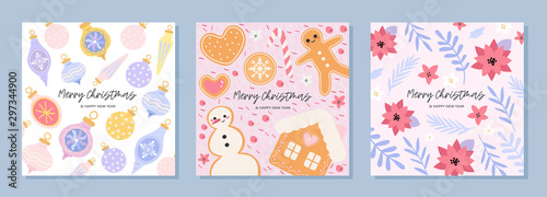 Christmas or new year greeting card collection with different floral elements and christmas tree decorations. Winter theme greeting post card or invitation to a party. Cute pink and blue vector set.
