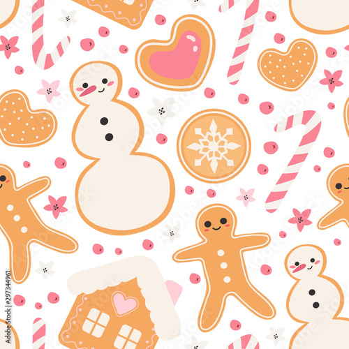 Vector illustration of different christmas homemade ginger cookies and sweets. Seamless pattern design for wrapping paper, fabric, packaging, textile print background design.