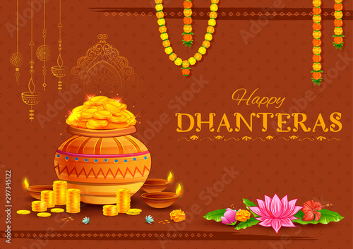 illustration of Gold coin in pot for Dhantera celebration on Happy Diwali light festival of India background