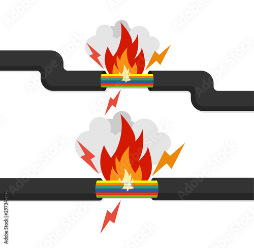 Wire is burning or fire damaged cable. Vector illustration flat icon