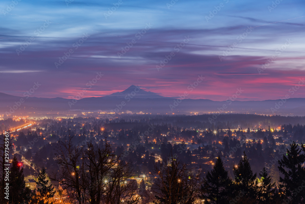 Early morning light and color over Mt Hood and Portland Oregon