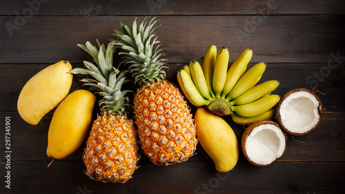 Various tropical fruits, bananas, pineapples mango coconut