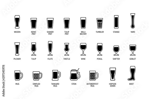 Beer glasses with titles, black and white icons. Vector