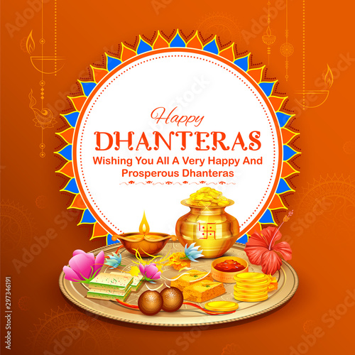 illustration of Gold coin in pot for Dhantera celebration on Happy Diwali light festival of India background