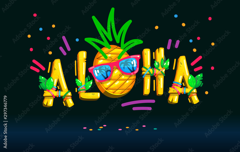 Aloha inscription pineapple face sunglasses color illustration on the dark  background - obrazy, fototapety, plakaty 