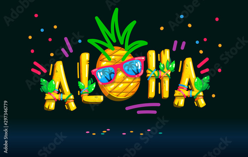Aloha inscription pineapple face sunglasses color illustration on the dark background