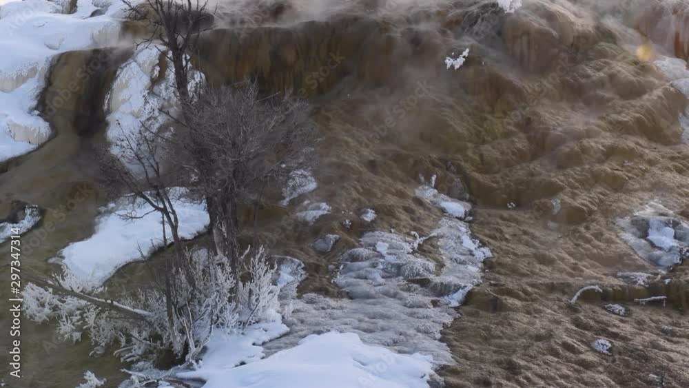 Mammoth Hotsprings in Yellowstone N.P., steaming in winter, tilt shot. Mammoth Hotsprings in Yellowstone N.P., steaming in winter, tilt shot.