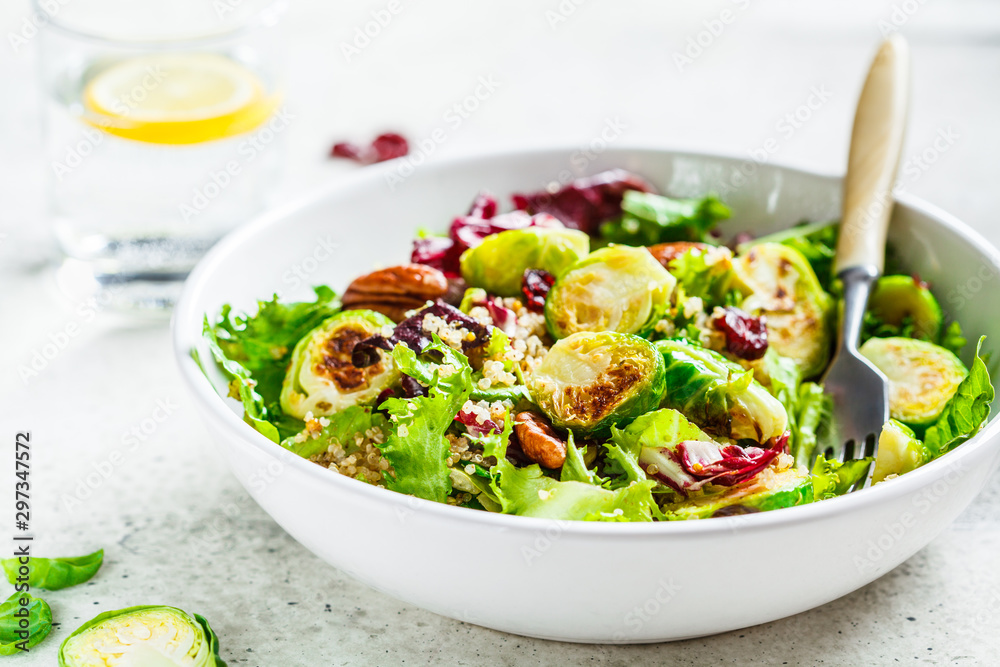 Fried brussels sprouts salad with quinoa, cranberries and nuts in white bowl. Healthy vegan food concept. Fried brussels sprouts salad with quinoa, cranberries and nuts in white bowl. Healthy vegan food concept.