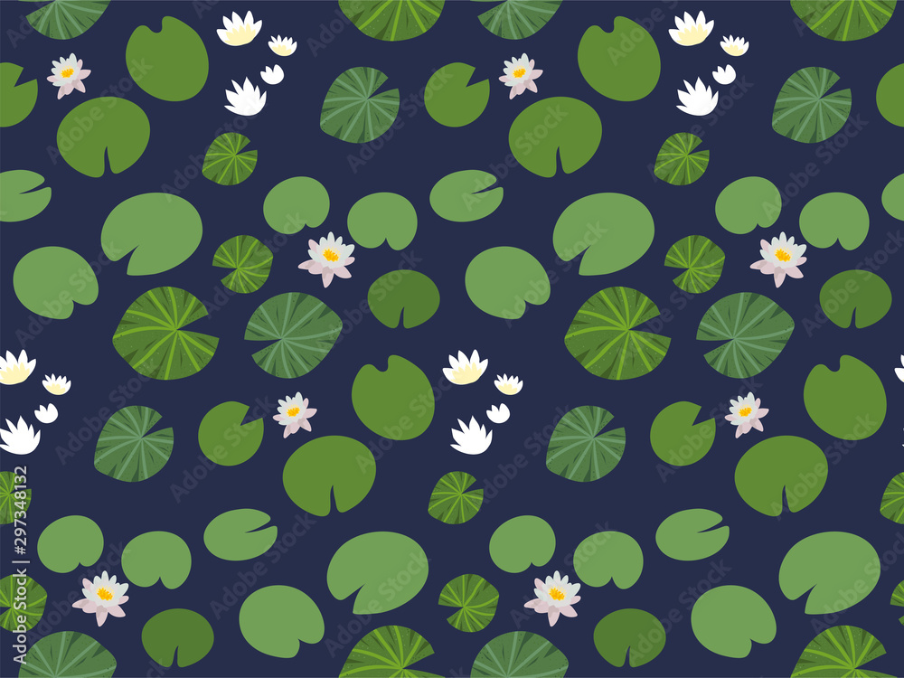 Seamless pattern with little green Lily pads and white Lotus flowers on a dark background. Floral print with aquatic plants. Botanical texture, overgrown pond vector Wallpaper.