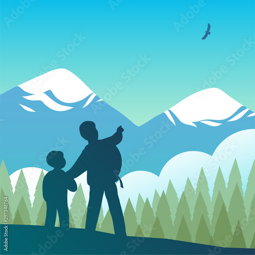 Silhouette of a family of tourists. Father shows his son an eagle soaring in the sky. Stand against the backdrop of forest, fog and snowy mountains. Vector illustration.
