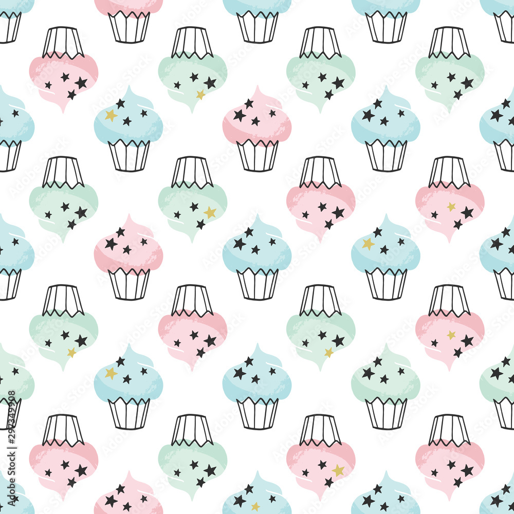 Cupcake vector pattern. Hand drawn cute cupcakes seamless background for party, birthday, greeting cards, gift wrap, stationery. 