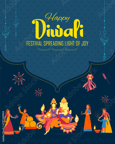 illustration of God Lakshmi and Ganesha on Happy Diwali Holiday background for light festival of India