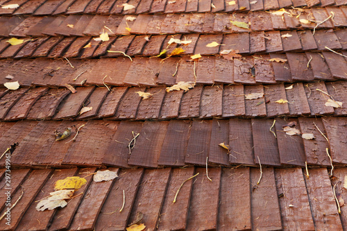 Old beautiful wooden roof of brown color.