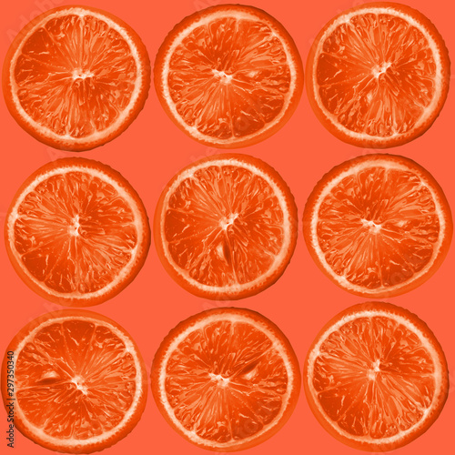 collage of many photos round slice grapefruit, orange with a seed on an orange background, close-up, copy space, seamless texture for wallpaper, for a designer