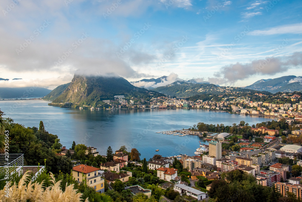 panoramic view of Lugano lake in Switzerland