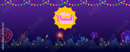 illustration of Firework on Indian cityscape for Happy Diwali Holiday background for light festival of India