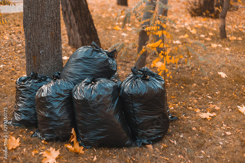Plastic black trash bags outdoor in autumn