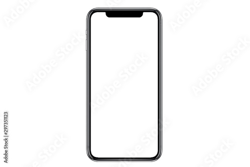 Studio shot of Smartphone iphoneX with blank white screen for Infographic Global Business Marketing investment Plan, mockup model similar to iPhone 11 Pro Max.