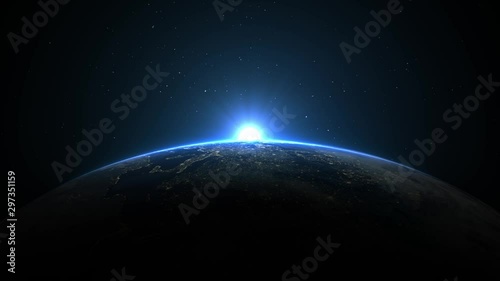 Sunrise over earth as seen from space. With stars background. 3d realistic animation 4k photo