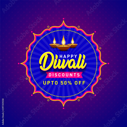 Happy Diwali Discounts Upto 50 percent Off Banner. Indian Festival of Light, Sale Offer, Logo design, Sticker, Concept, Greeting Card Template, Icon, Poster, Unit, Label, Web Mnemonic with Diya's