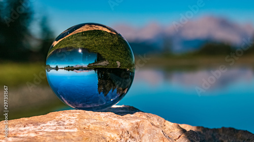 Crystal ball alpine landscape shot at Fieberbrunn, Tyrol, Austria