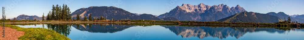 High resolution stitched panorama of a beautiful alpine view with reflections in a lake at Fieberbrunn, Tyrol, Austria