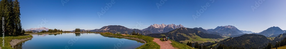 High resolution stitched panorama of a beautiful alpine view with reflections in a lake at Fieberbrunn, Tyrol, Austria