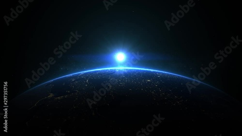 Sunrise over earth as seen from space. With stars background. 3d realistic animation 4k