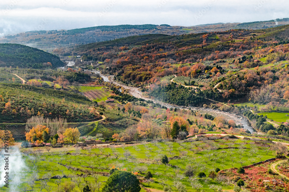Wonderful views of the valley where the Alardos Gorge is located in the Sierra de Gredos in the Castro Veton de El Freillo. December 15, 2018. El Raso Avila Castilla Leon Spain Europe. Travel 