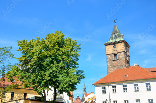 Historical Water Tower  Vodarenska vez  in Pilsen  Czech Republic on a sunny day with green tree. Plzen city  Bohemia  Czechia  Eastern Europe. Popular tourist attraction in the old town
