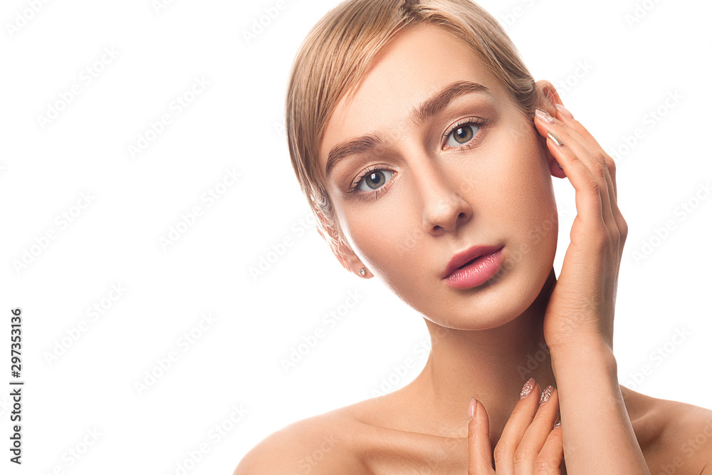 Fototapeta premium Beautiful blonde hair girl with clean nude makeup isolated white background. Skin care concept