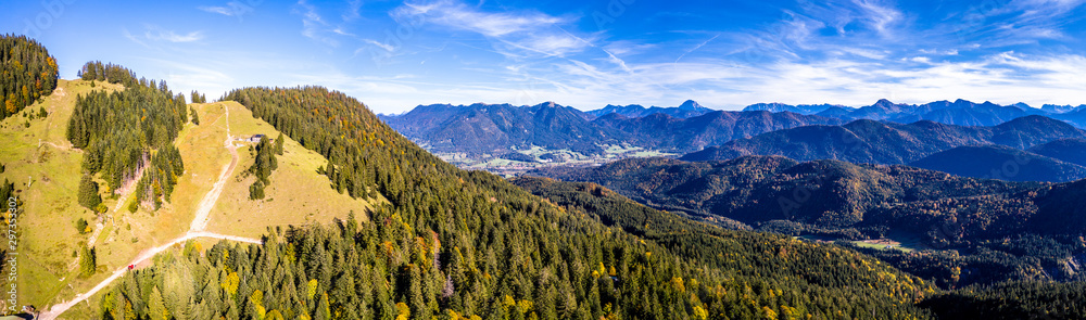 Brauneck mountain in autumn. Aerial Panorama. Lenggries, Bavaria, Germany. New Schroedlestein Ski Lift