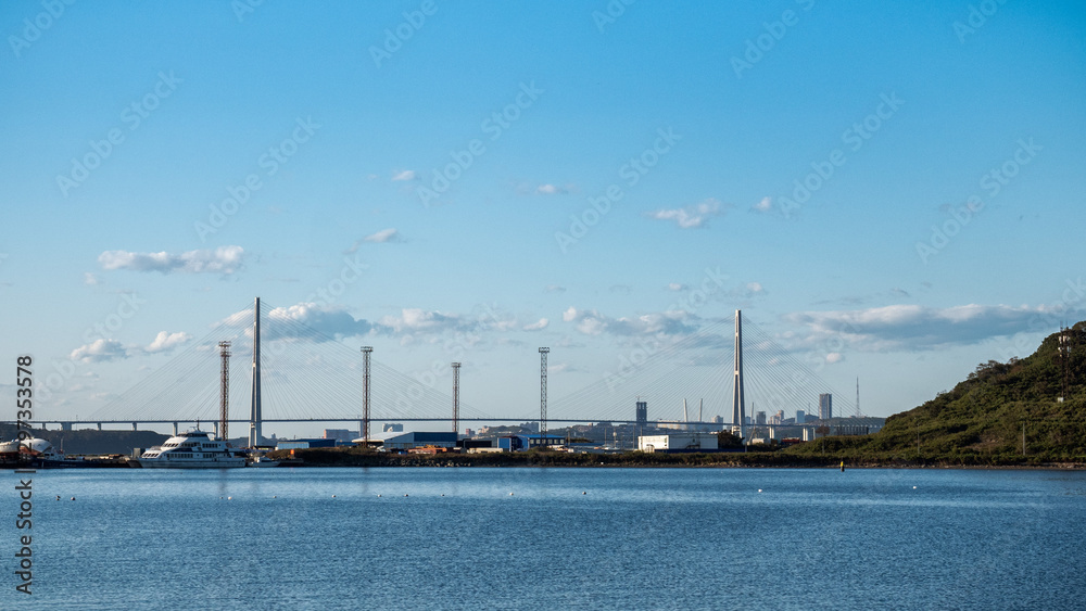 Panorama of the bridge, the city on an autumn day on the seashore
