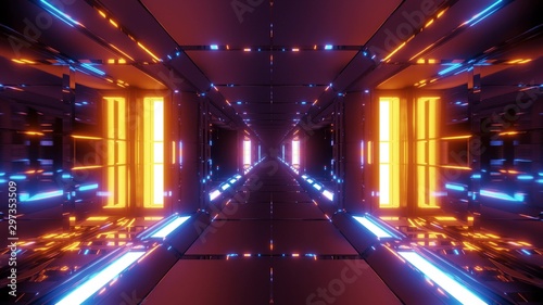 futuristic metal sci-fi space tunnel corridor 3d illustration wallpaper background glowing lights and reflections