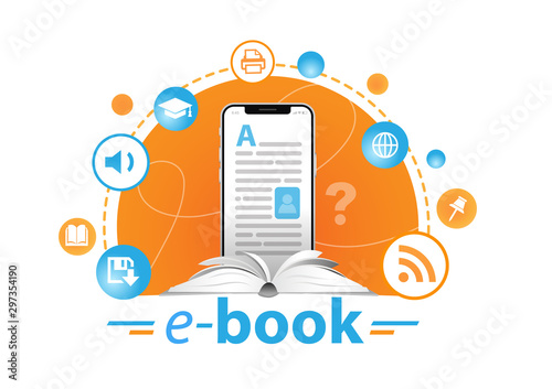 Online education concept. E-book reader and books. Vector illustration