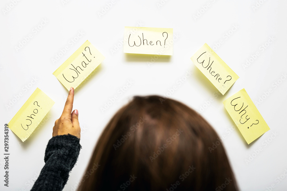 The 5 Ws who, what, when, where, why, how question on six sticky notes ...