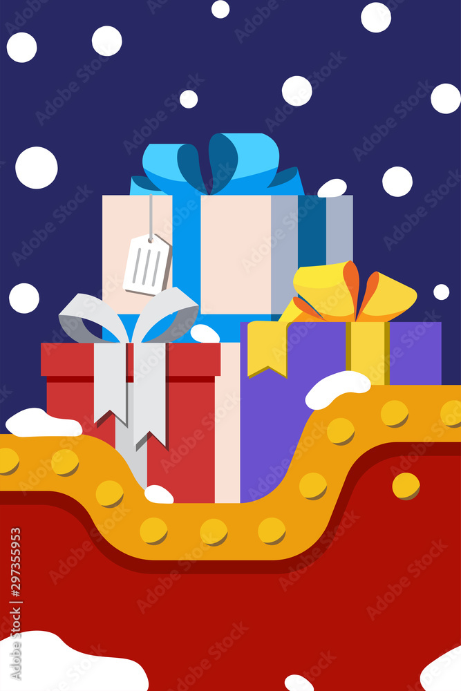 Close up of presents box in Santa’s sleigh- Vector illustration