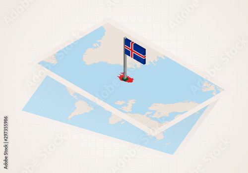Iceland selected on map with isometric flag of Iceland. photo