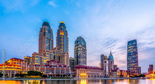 Cuadro en lienzo Night view of modern architectural landscape in Tianjin..