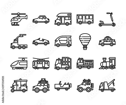public car or transports outline icon set, vector and illustration