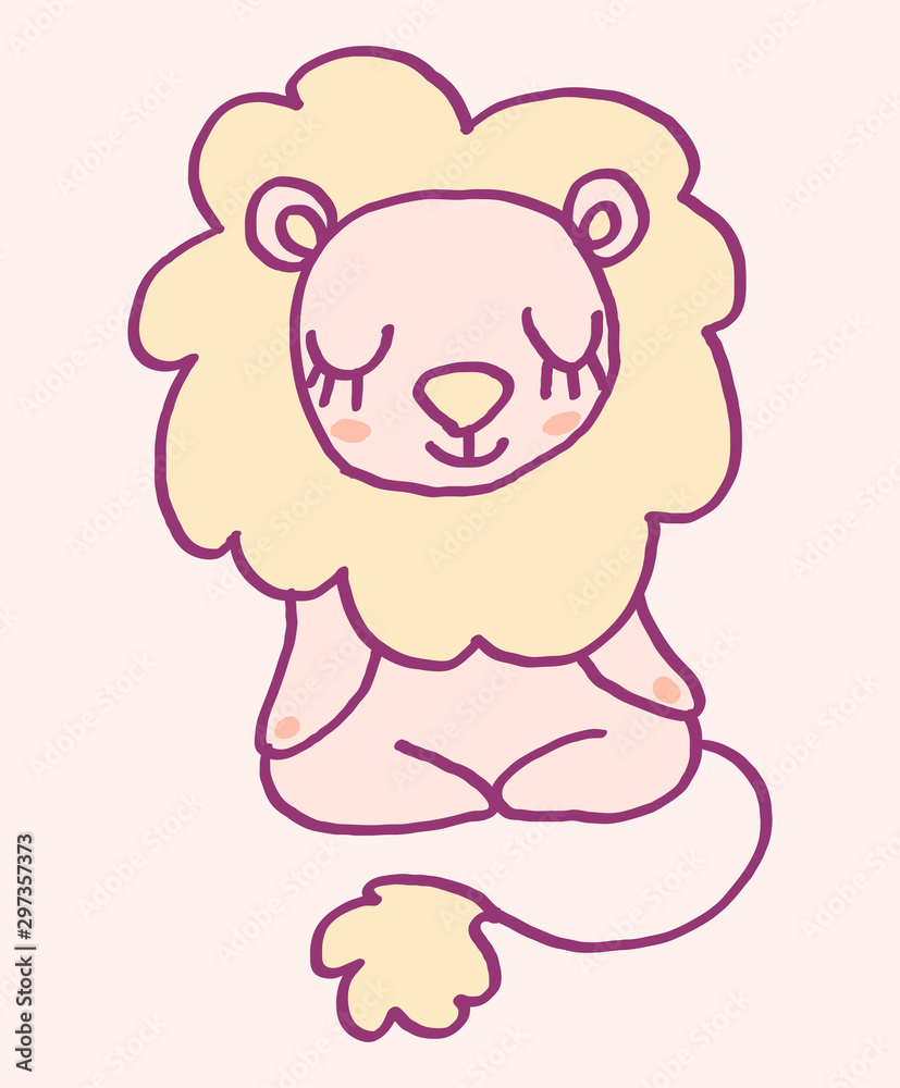 Cute cartoon character lion doing meditation, funny vector illustration. Tee card print graphic art. Cute cartoon character lion doing meditation, funny vector illustration. Tee card print graphic art.