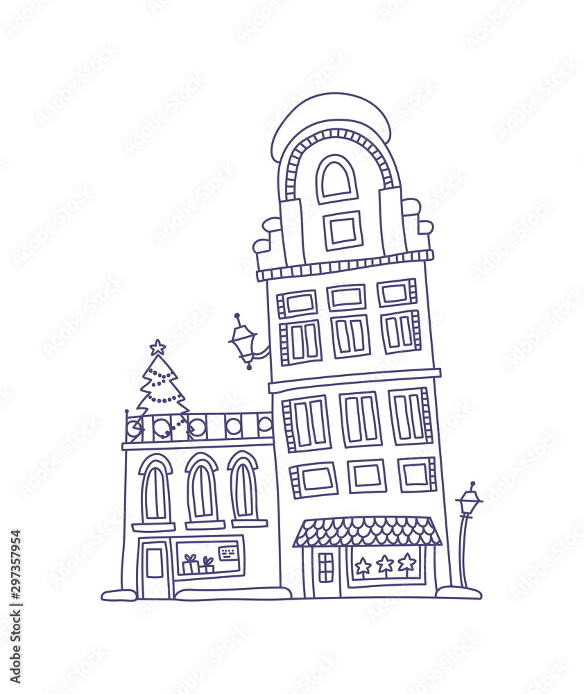 Holiday doodle. Hand drawn vector illustration. Decorated Christmas house. Lineart on white background for prints, cards and design.