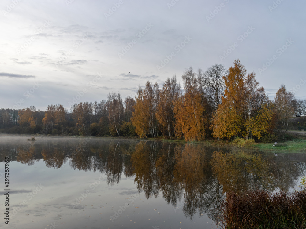 early autumn morning, white mist over water and ground, beautifully colored and blurred tree silhouettes in the background early autumn morning, white mist over water and ground, beautifully colored and blurred tree silhouettes in the background