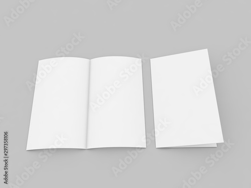 Blank white brochure mockup on gray background. 3d render illustration.