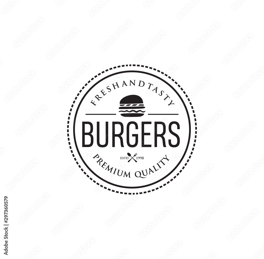 Burger Logo Vintage . Vector vintage fast food logo. Hipster natural Burger label, sign. Bistro icon. Street eatery emblem