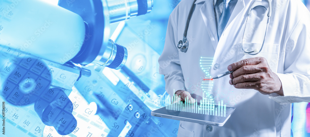 Fototapeta premium Medical technology and futuristic concept.Medicine doctor touching electronic medical record on tablet.Doctor checking DNA testing result on hologram modern virtual screen interface.